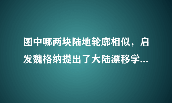 图中哪两块陆地轮廓相似，启发魏格纳提出了大陆漂移学说（　　）A. ①②B. ③④C. ②③D. ②④