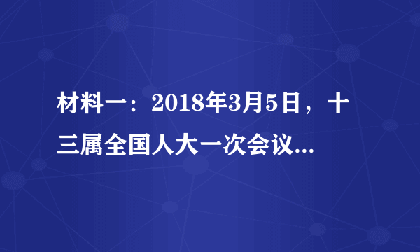 材料一：2018年3月5日，十三属全国人大一次会议在北京召开，会议审议通过了政府工作报告、最高人民法院工作报告等。