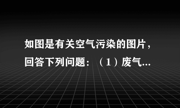 如图是有关空气污染的图片，回答下列问题：（1）废气排放主要来自于 和 。使空气中 和 的含量不断增加。（2）目前计入空气污染指数的项目暂定为： 、 、 和 等。（3）通风不畅的教室里 的含量偏高。此气体具有 的特性。