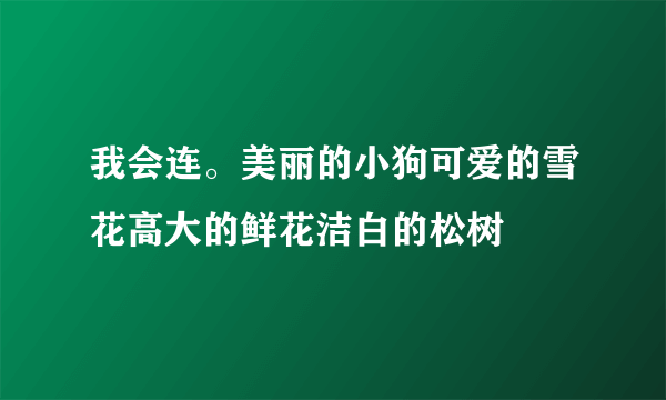 我会连。美丽的小狗可爱的雪花高大的鲜花洁白的松树