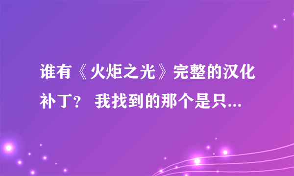 谁有《火炬之光》完整的汉化补丁？ 我找到的那个是只有部分汉化了的，谁有完整的麻烦发我邮箱一下，谢了