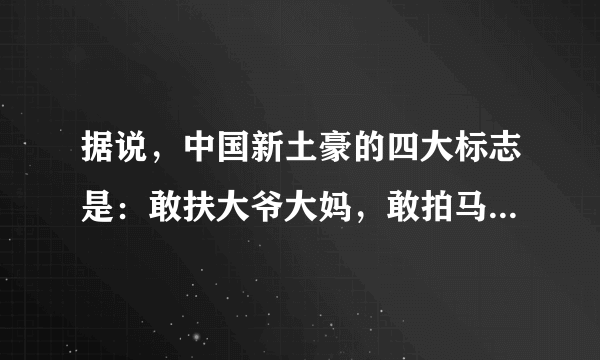 据说，中国新土豪的四大标志是：敢扶大爷大妈，敢拍马云涂鸦，敢吃新疆切糕