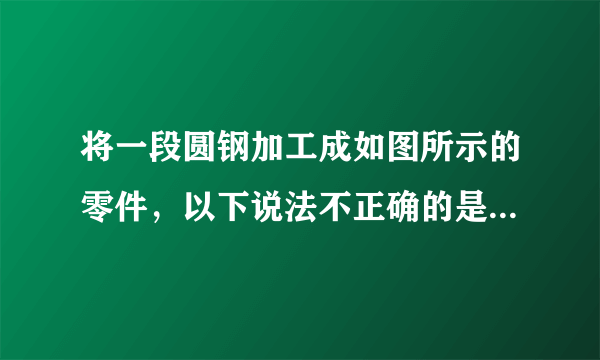 将一段圆钢加工成如图所示的零件，以下说法不正确的是（　　）A.各加工面均可用平锉完成锉削加工B. 销孔的加工最好在开槽之前完成C. 划线所需工具有划针、划规、钢直尺、样冲等D. 零件的槽形结构可以使用钢丝锯加工而成