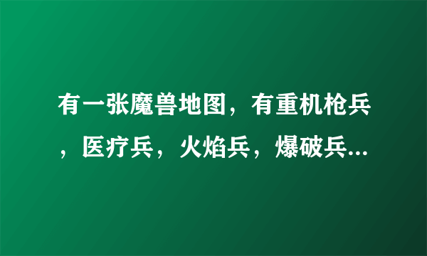 有一张魔兽地图，有重机枪兵，医疗兵，火焰兵，爆破兵，侦查兵。 显示金钱的地方是子弹数量，显示木头的地